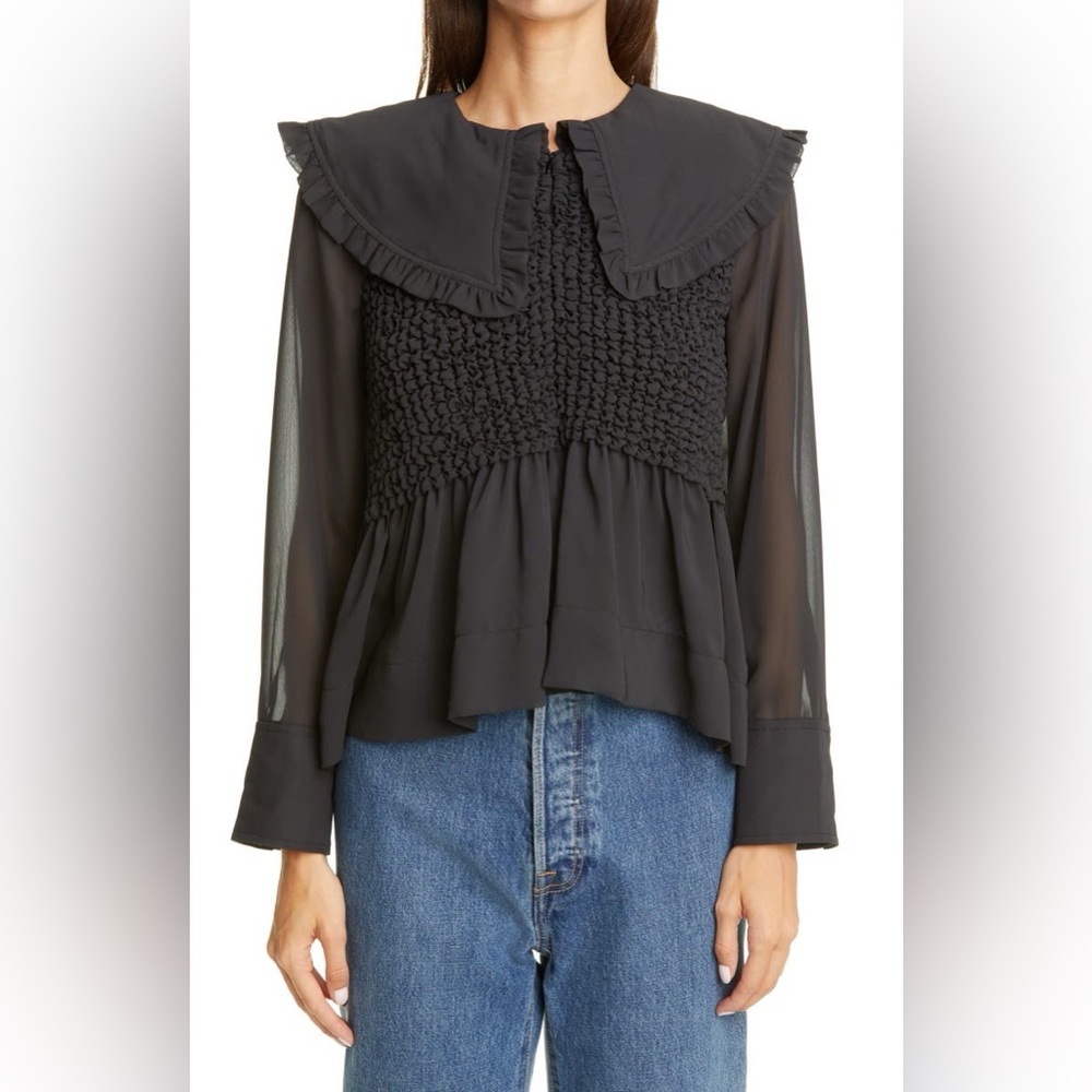 NWT Ganni Ruffle-collar Smocked Chiffon Blouse In Phantom